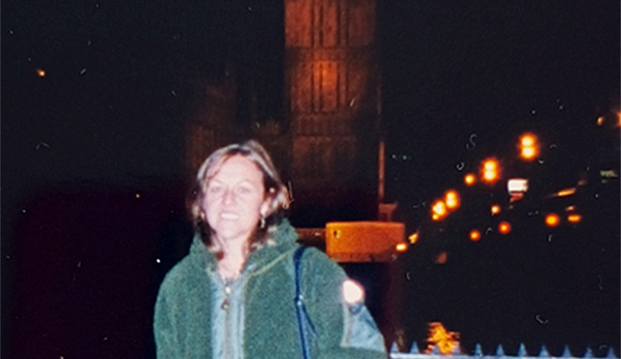 Erna standing in front of Big Ben during her initial visit to London.