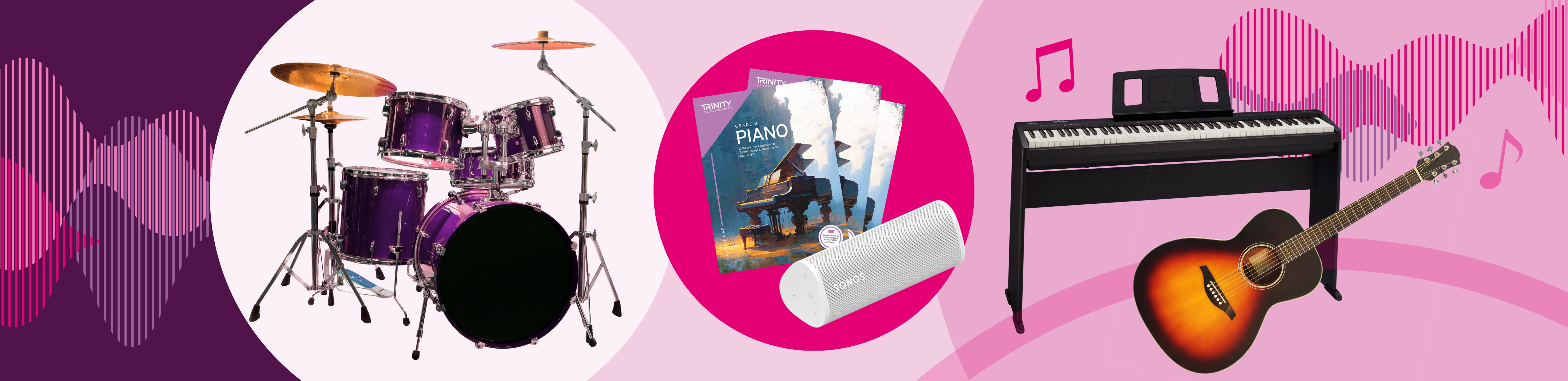 An acoustic drum kit, Sonos speaker and repertoire books, a digital piano and acoustic guitar.